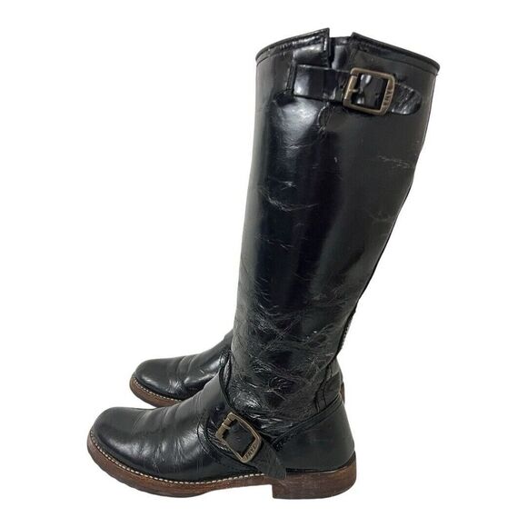 Frye Size 7 Veronica Slouch Tall Distressed Black Patent Leather Biker Boots - Picture 3 of 8